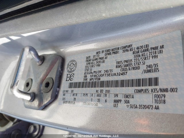 12538758 :رقم المزاد ، 1FMCU0F73EUA32457 vin ، 2014 Ford Escape مزاد بيع