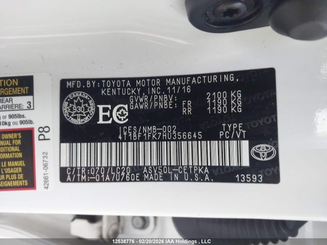 12538776 :رقم المزاد ، 4T1BF1FK7HU356645 vin ، 2017 Toyota Camry Xse مزاد بيع