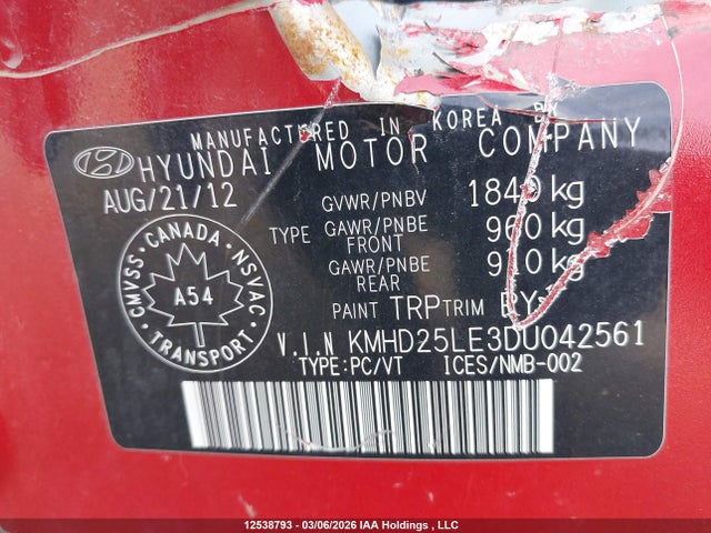 Aukcja sprzedaży 2013 Hyundai Elantra, vin: KMHD25LE3DU042561, numer aukcji: 12538793