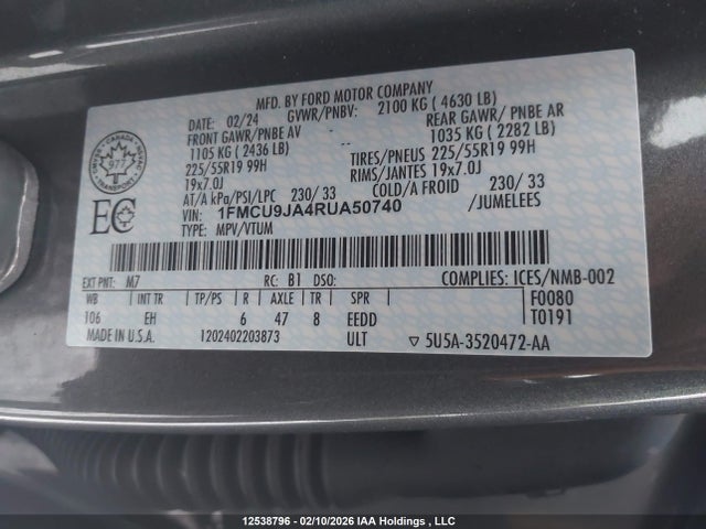 1FMCU9JA4RUA50740 Ford Escape Platinum