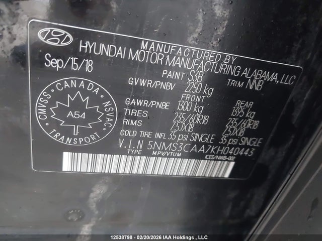 Продаж на аукціоні авто 2019 Hyundai Santa Fe Sel/sel Plus, vin: 5NMS3CAA7KH040443, номер лоту: 12538798