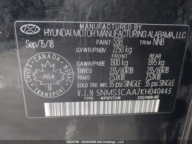 Продаж на аукціоні авто 2019 Hyundai Santa Fe Sel/sel Plus, vin: 5NMS3CAA7KH040443, номер лоту: 12538798