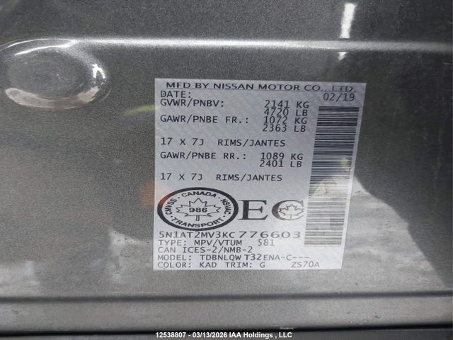 5N1AT2MV3KC776603 Nissan Rogue S/sl/sv