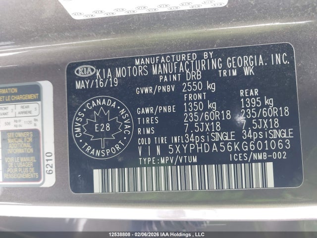 5XYPHDA56KG601063 KIA Sorento Ex/ex Sport
