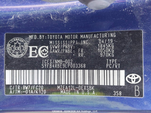 Toyota COROLLA SE 2020 5YFB4RBE9LP003368 Image 9