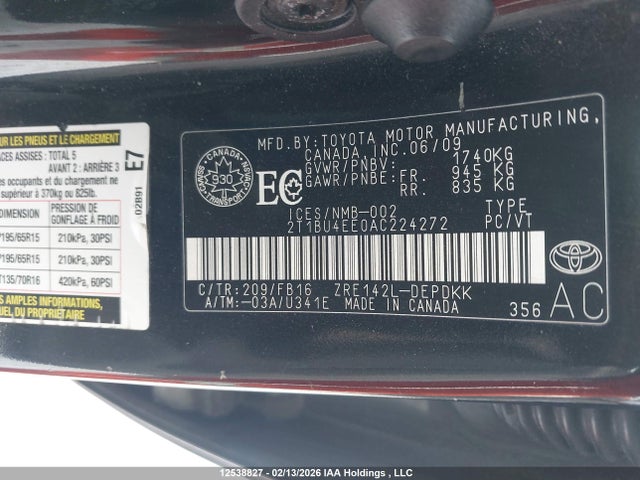 12538827 :رقم المزاد ، 2T1BU4EE0AC224272 vin ، 2010 Toyota Corolla Ce مزاد بيع