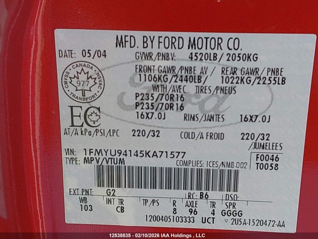 Aukcja sprzedaży 2005 Ford Escape Limited, vin: 1FMYU94145KA71577, numer aukcji: 12538835