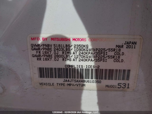 Aukcja sprzedaży 2011 Mitsubishi Outlander Xls, vin: JA4JT5AX4BU610350, numer aukcji: 12538845