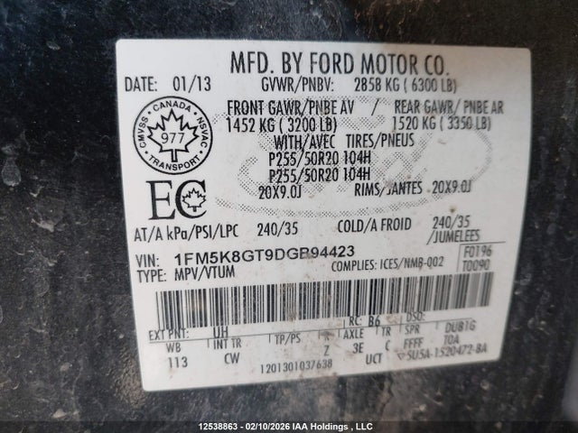 2013 Ford Explorer Sport მანქანა იყიდება აუქციონზე, vin: 1FM5K8GT9DGB94423, აუქციონის ნომერი: 12538863