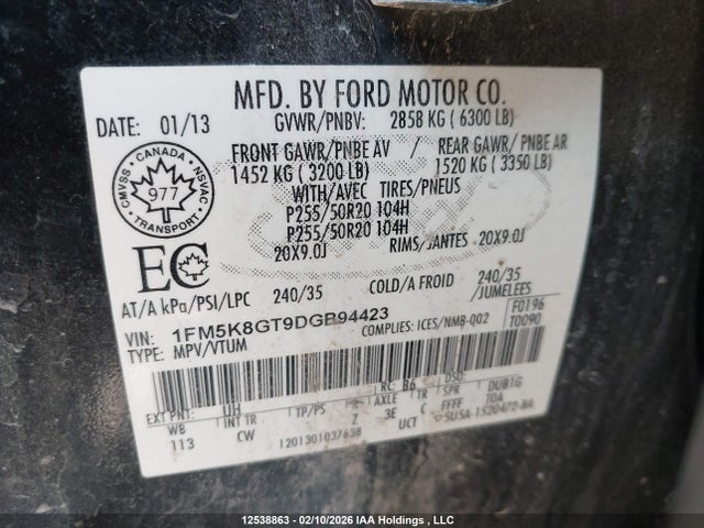 2013 Ford Explorer Sport მანქანა იყიდება აუქციონზე, vin: 1FM5K8GT9DGB94423, აუქციონის ნომერი: 12538863
