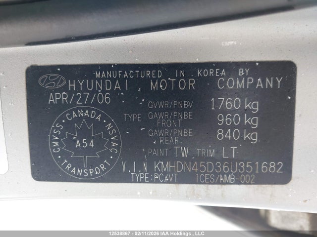 Продажа на аукционе авто 2006 Hyundai Elantra Se/ve, vin: KMHDN45D36U351682, номер лота: 12538867
