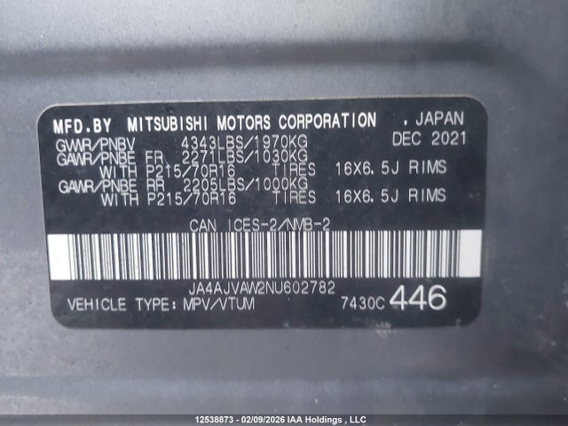 JA4AJVAW2NU602782 Mitsubishi Rvr Gt/le/se/sel