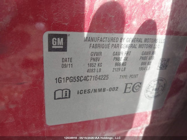 Aukcja sprzedaży 2012 Chevrolet Cruze Lt Turbo, vin: 1G1PG5SC4C7164225, numer aukcji: 12538918