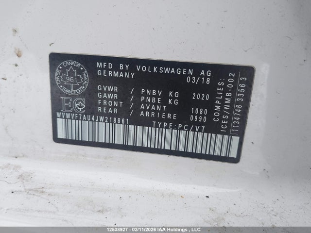 WVWVF7AU4JW218861 Volkswagen Golf R 2.0 Tsi
