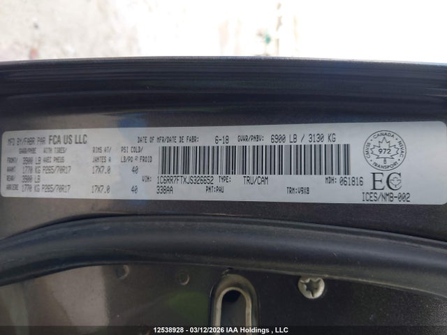 Aukcja sprzedaży 2018 Ram 1500 St, vin: 1C6RR7FTXJS326652, numer aukcji: 12538928