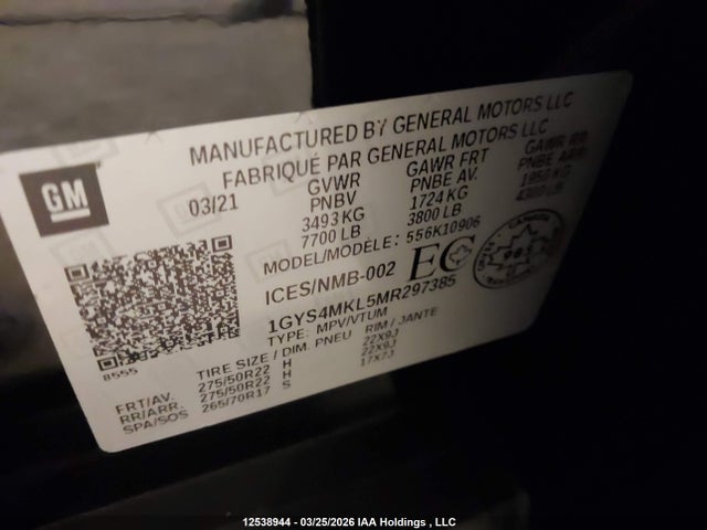 1GYS4MKL5MR297385 Cadillac Escalade Esv Premium Luxury Platinum