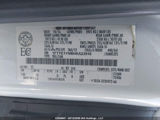 Продаж на аукціоні авто 2017 Ford Transit-150, vin: 1FTYE1YM8HKA23916, номер лоту: 12538947