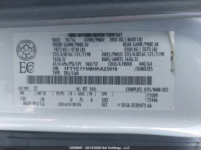 Продаж на аукціоні авто 2017 Ford Transit-150, vin: 1FTYE1YM8HKA23916, номер лоту: 12538947