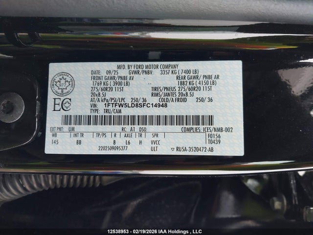 Auction sale of the 2025 Ford F-150, vin: 1FTFW5LD8SFC14948, lot number: 12538953