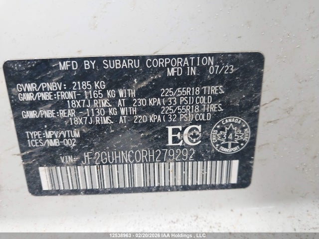 12538963 :رقم المزاد ، JF2GUHNC0RH279292 vin ، 2024 Subaru Crosstrek Limited مزاد بيع