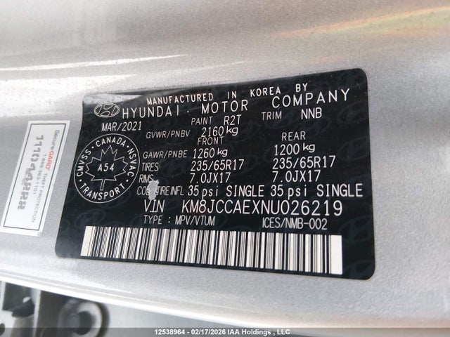 2022 Hyundai Tucson Preferred Awd With Trend Package მანქანა იყიდება აუქციონზე, vin: KM8JCCAEXNU026219, აუქციონის ნომერი: 12538964