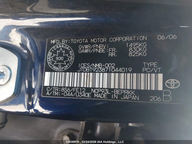 Aukcja sprzedaży 2007 Toyota Yaris, vin: JTDBT923871044019, numer aukcji: 12538970