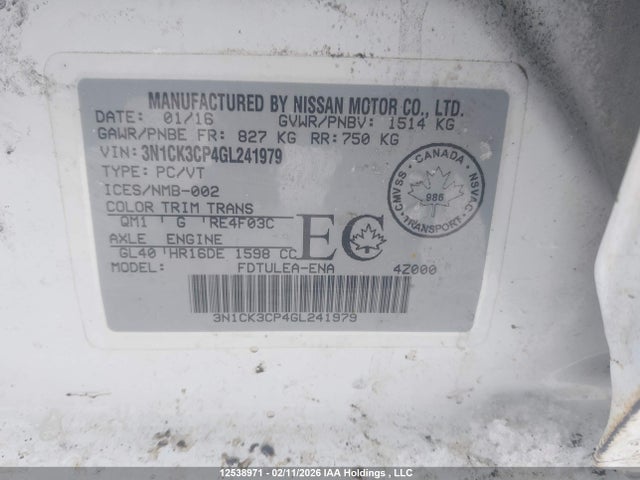 3N1CK3CP4GL241979 Nissan Micra S/sr/sv
