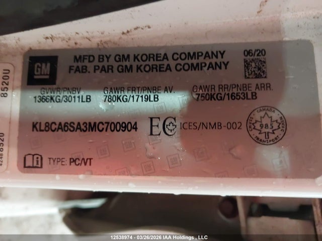 Aukcja sprzedaży 2021 Chevrolet Spark Ls, vin: KL8CA6SA3MC700904, numer aukcji: 12538974