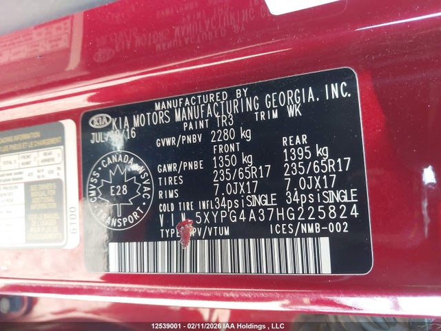 5XYPG4A37HG225824 KIA Sorento 2.4l Lx
