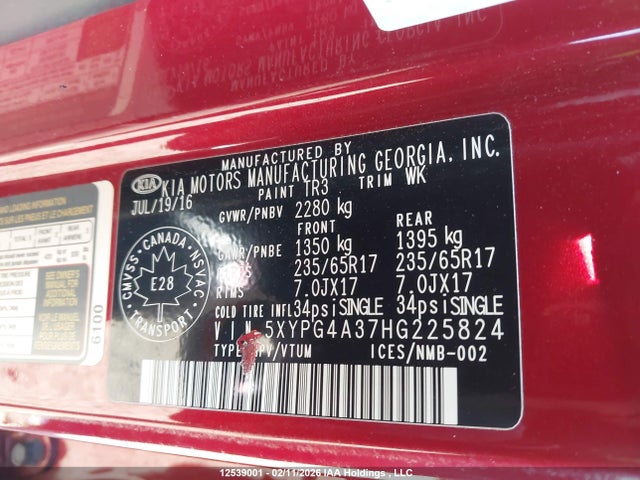5XYPG4A37HG225824 KIA Sorento 2.4l Lx