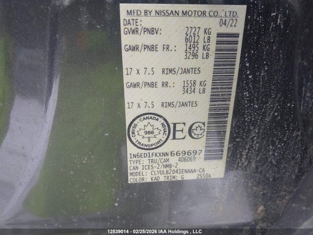 1N6ED1FKXNN669697 Nissan Frontier Sv