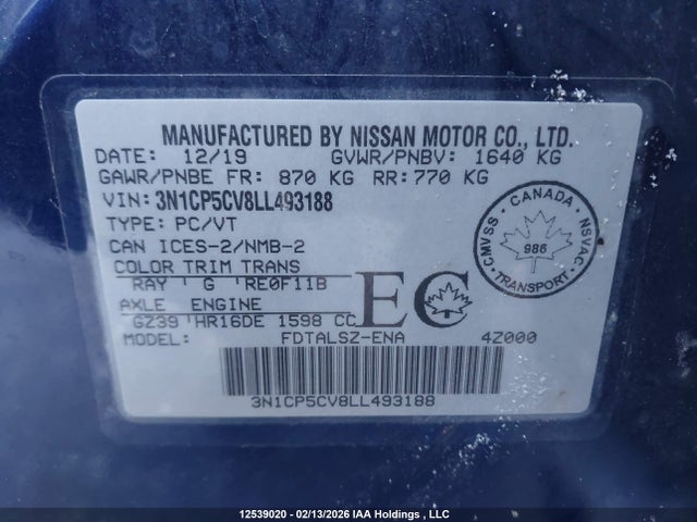 3N1CP5CV8LL493188 Nissan KICKS SV