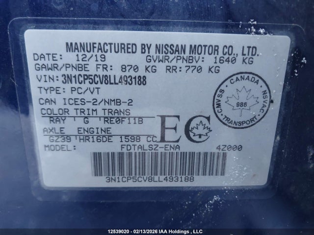 3N1CP5CV8LL493188 Nissan KICKS SV