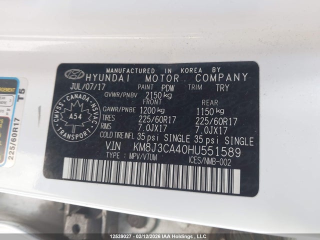 KM8J3CA40HU551589 Hyundai TUCSON SE