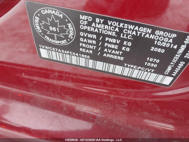 Auction sale of the 2015 Volkswagen Passat 1.8 Tsi Highline, vin: 1VWCS7A34FC041650, lot number: 12539038