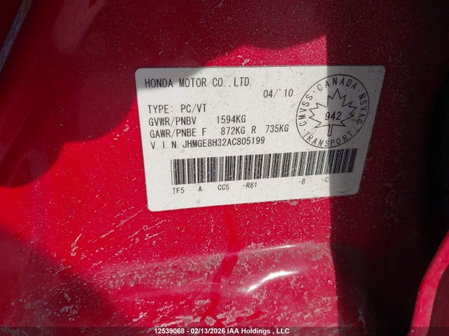 Продажа на аукционе авто 2010 Honda Fit Dx-a, vin: JHMGE8H32AC805199, номер лота: 12539068