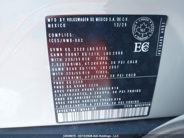 12539075 :رقم المزاد ، 3VVER7RM7TM048107 vin ، 2026 Volkswagen Tiguan Se مزاد بيع