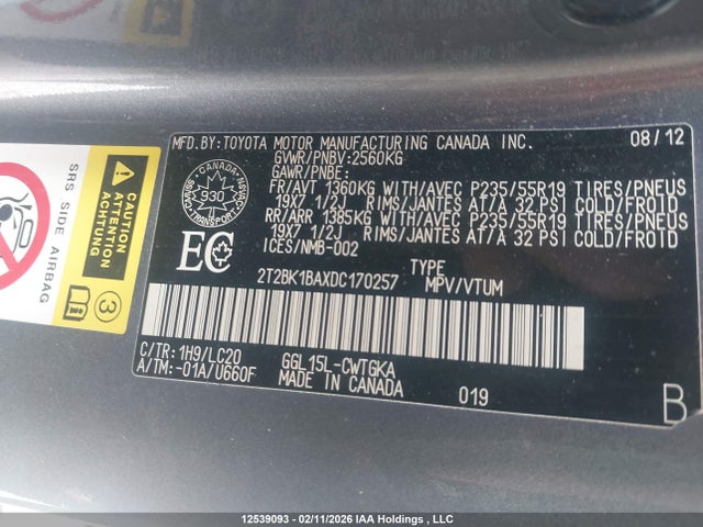 12539093 :رقم المزاد ، 2T2BK1BAXDC170257 vin ، 2013 Lexus Rx 350 F Sport مزاد بيع