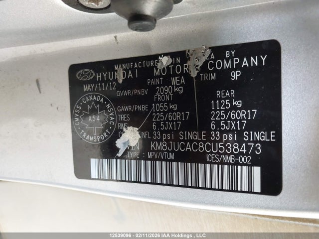 Aukcja sprzedaży 2012 Hyundai Tucson Gls, vin: KM8JUCAC8CU538473, numer aukcji: 12539096
