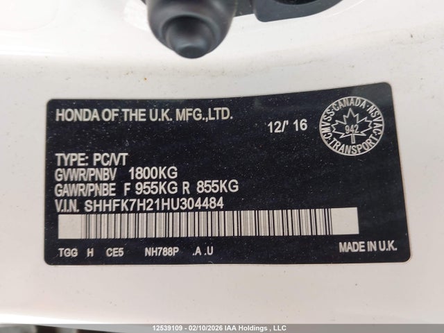 2017 Honda Civic Lx მანქანა იყიდება აუქციონზე, vin: SHHFK7H21HU304484, აუქციონის ნომერი: 12539109