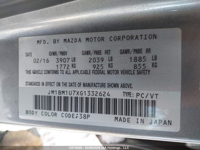 JM1BM1U7XG1332624 Mazda Mazda3 G/gx