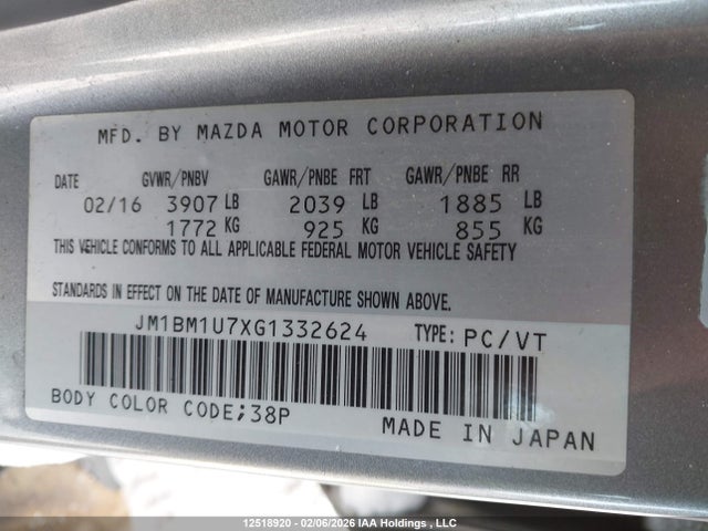 JM1BM1U7XG1332624 Mazda Mazda3 G/gx