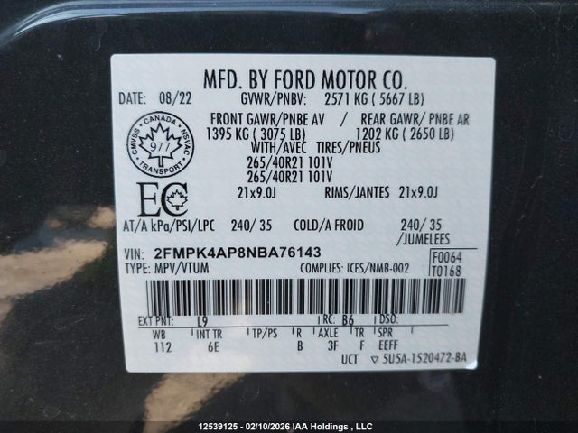 12539125 :رقم المزاد ، 2FMPK4AP8NBA76143 vin ، 2022 Ford Edge St مزاد بيع