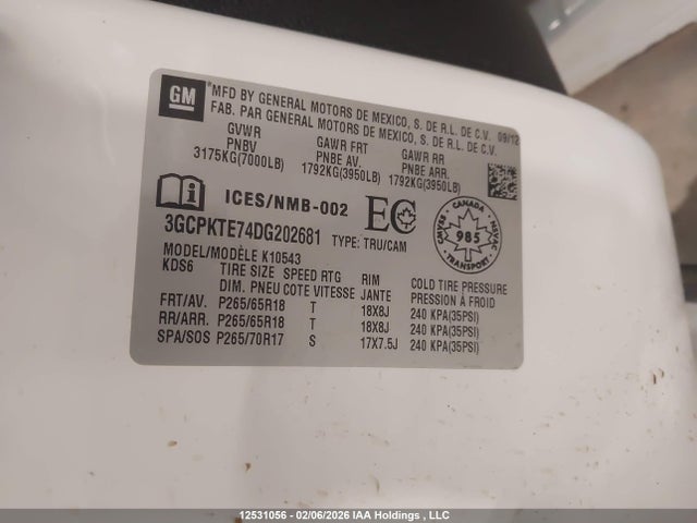 12531056 :رقم المزاد ، 3GCPKTE74DG202681 vin ، 2013 Chevrolet Silverado 1500 Ltz مزاد بيع