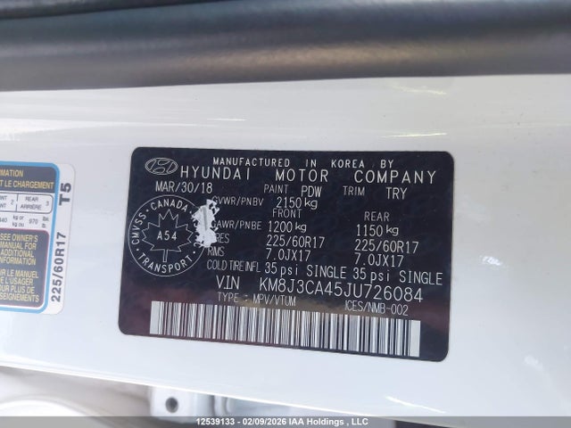 12539133 :رقم المزاد ، KM8J3CA45JU726084 vin ، 2018 Hyundai Tucson Se 2.0l مزاد بيع
