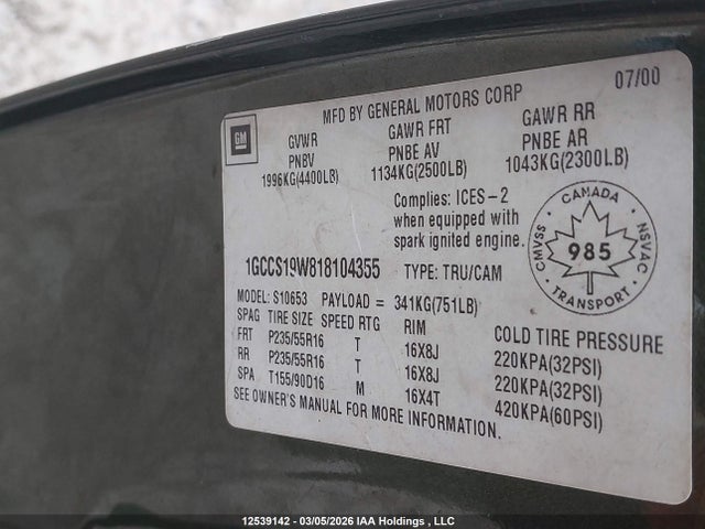 Aukcja sprzedaży 2001 Chevrolet S-10 Ls, vin: 1GCCS19W818104355, numer aukcji: 12539142