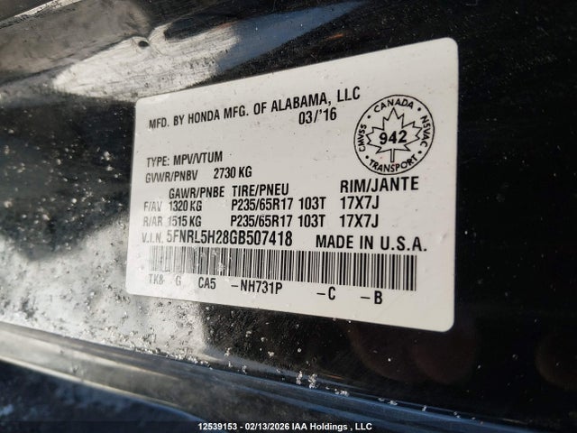 5FNRL5H28GB507418 Honda Odyssey