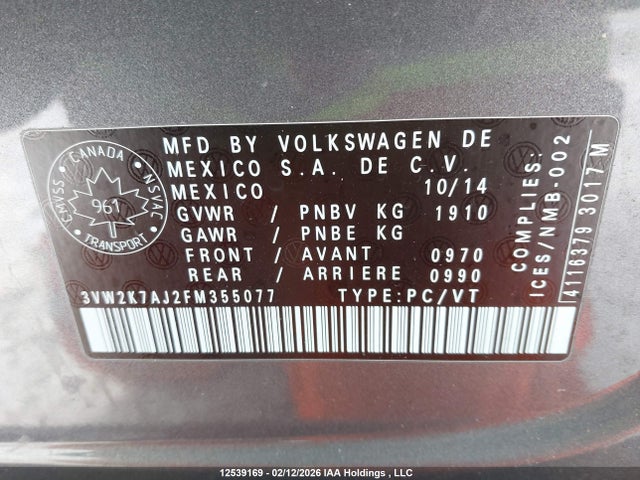 3VW2K7AJ2FM355077 Volkswagen Jetta 2.0l Trendline/2.0l Trendline+