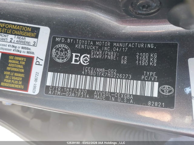 12539180 :رقم المزاد ، 4T1BD1FK7HU226273 vin ، 2017 Toyota Camry Hybrid Xle مزاد بيع