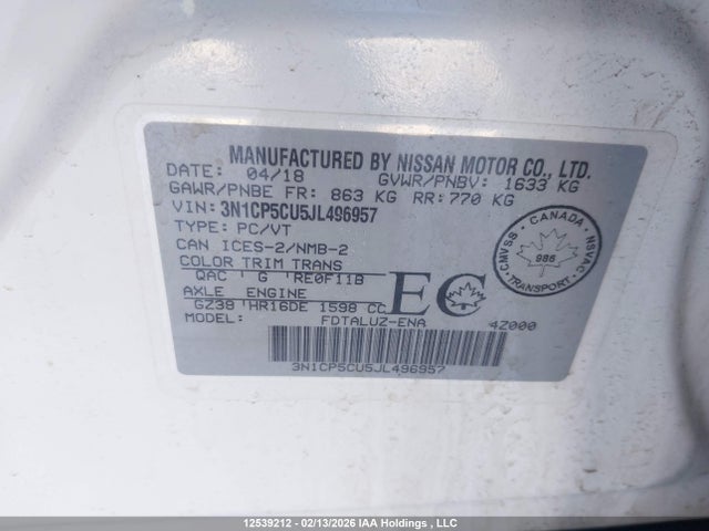 3N1CP5CU5JL496957 Nissan Kicks S/sr/sv
